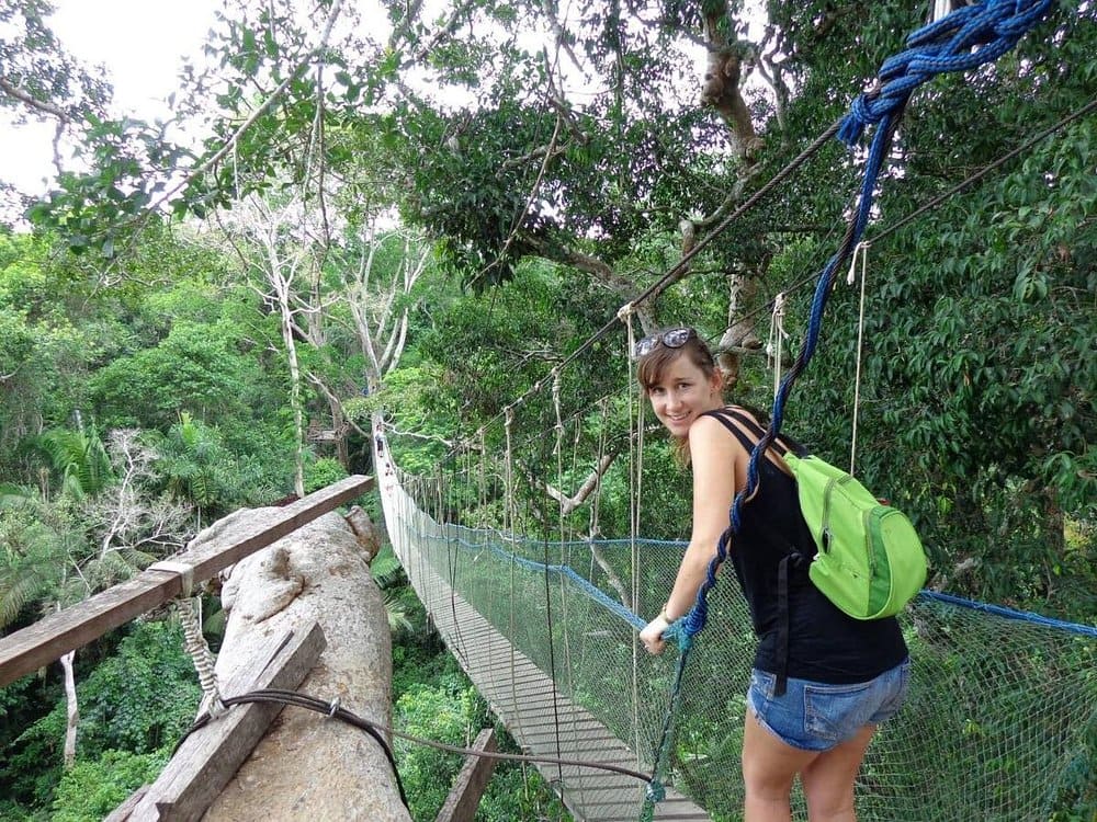 Blog Andean top expeditions image showing tourist walking on a canopy bridge in the Tambopata jungle.