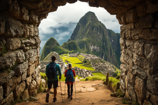 Inca Trail to Machu Picchu – hikers reaching the Sun Gate